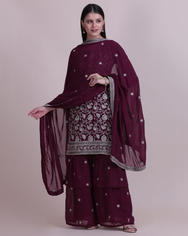 Purple Net Embroidered Sharara Suit