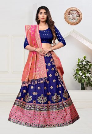 Zari Waving Blue Banarasi Lehenga Choli