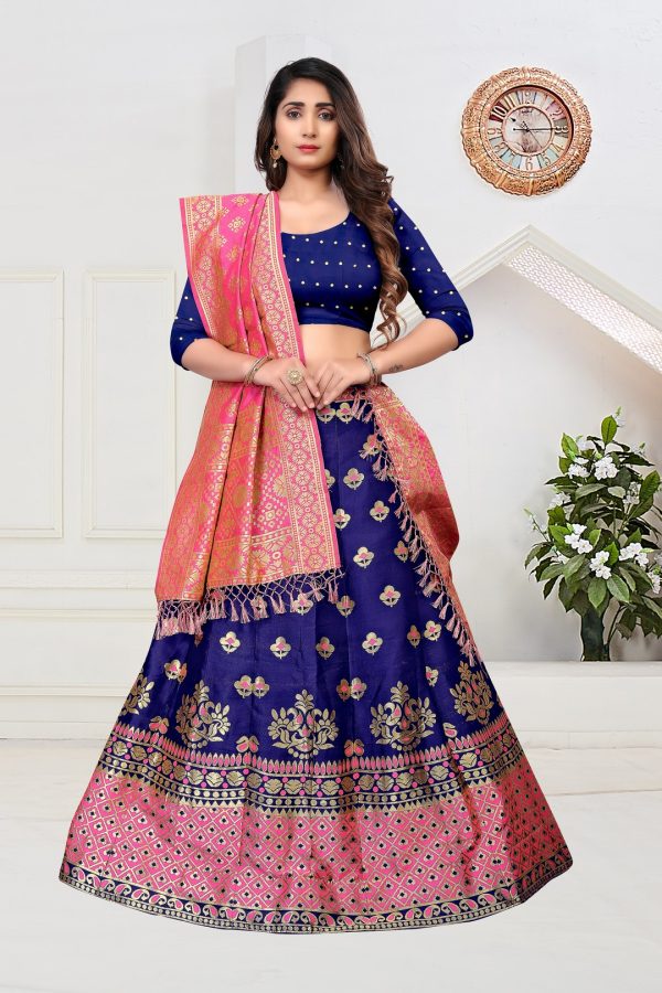 Zari Waving Blue Banarasi Lehenga Choli