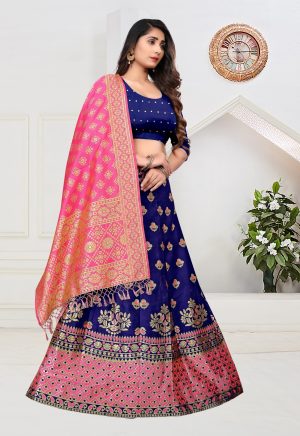 Zari Waving Blue Banarasi Lehenga Choli