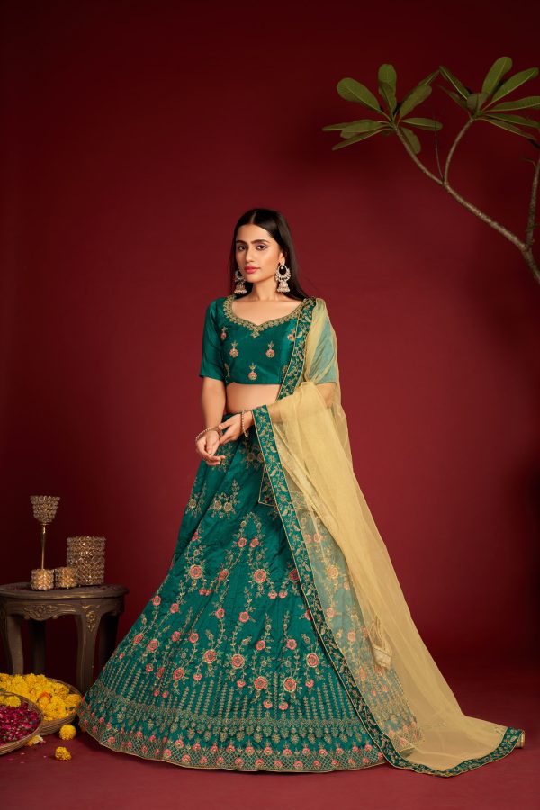 Green Taffeta Silk Lehenga Choli