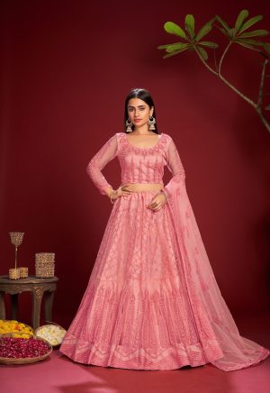 Pink Embroidered Net Lehenga