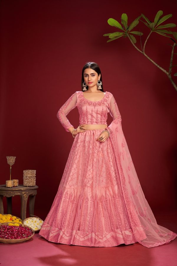 Pink Embroidered Net Lehenga