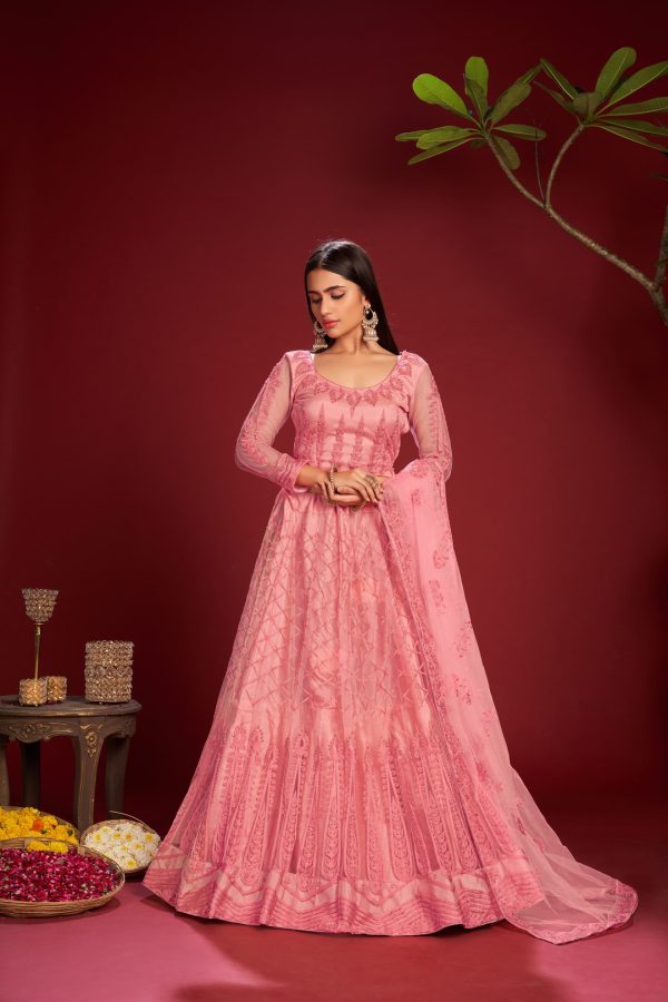 Pink Embroidered Net Lehenga