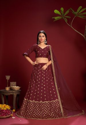 Maroon Taffeta Silk Lehenga Choli