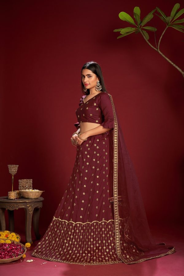 Maroon Taffeta Silk Lehenga Choli