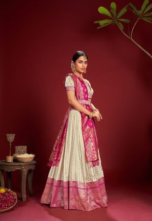 Zari Waving White Banarasi Lehenga Choli