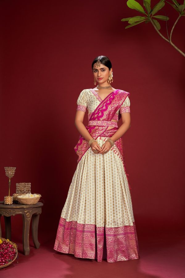 Zari Waving White Banarasi Lehenga Choli