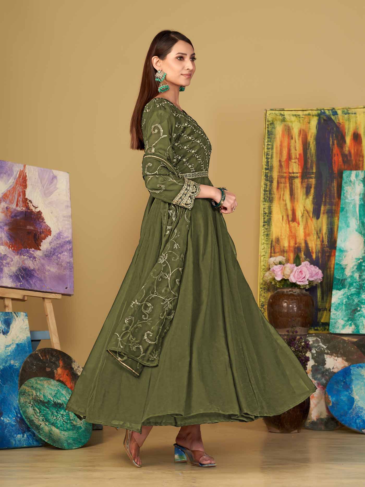 Mehndi Anarkali Suit In Georgette With Embroidered Design Atsevam Fashion