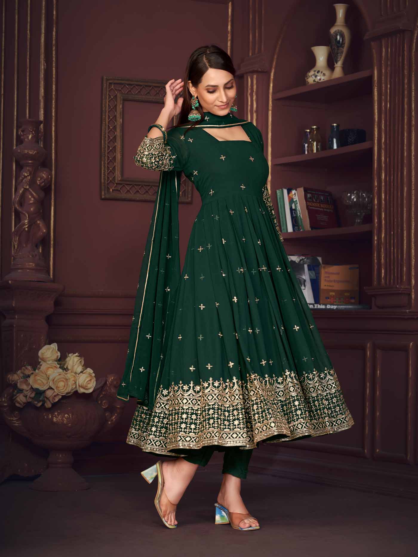 Green Embroidery Work Georgette Anarkali Suit