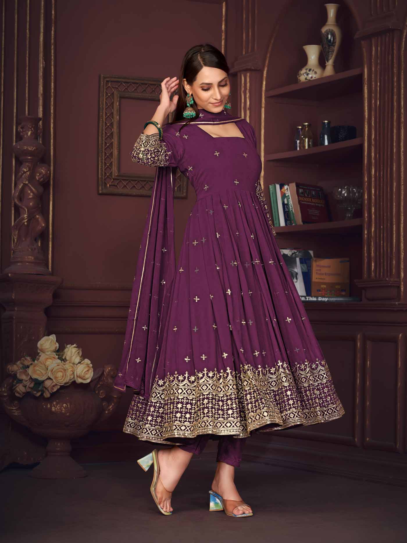 Purple Embroidery Work Georgette Anarkali Suit