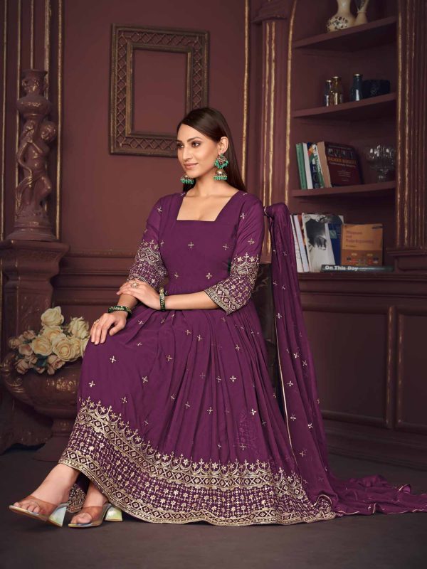 Purple Embroidery Work Georgette Anarkali Suit