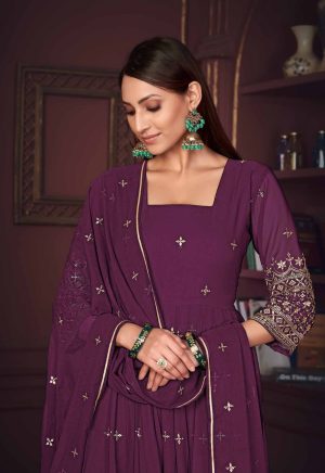 Purple Embroidery Work Georgette Anarkali Suit