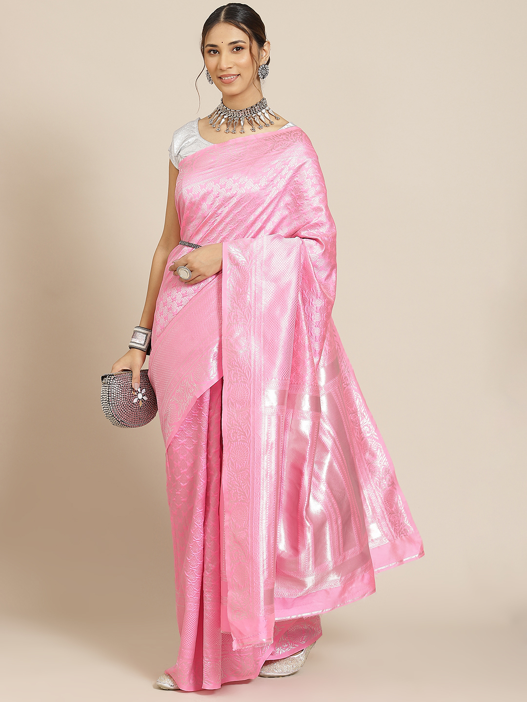 Pink Traditional Jacquard Silk Saree