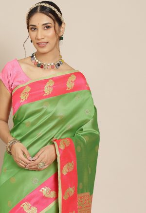 Jacquard Silk Green Pink Saree