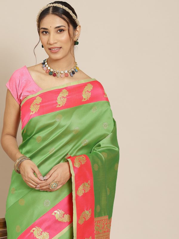 Jacquard Silk Green Pink Saree