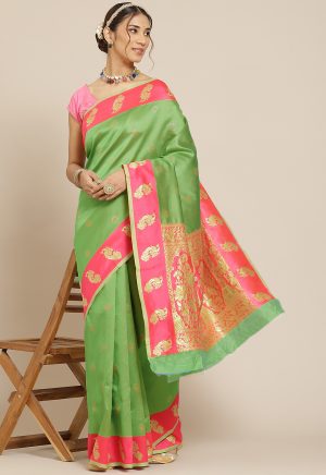 Jacquard Silk Green Pink Saree