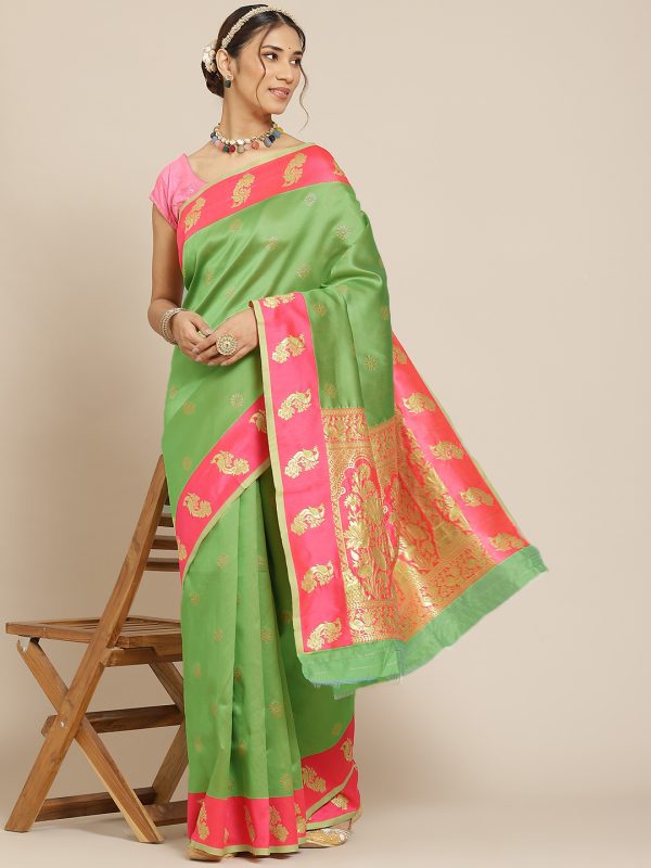 Jacquard Silk Green Pink Saree