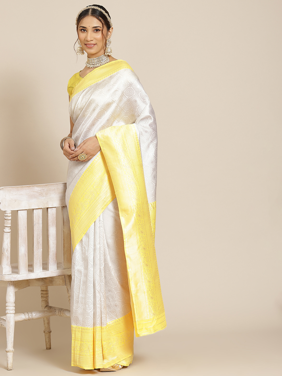 Weaving Work Yellow White Saree