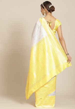 Weaving Work Yellow White Saree