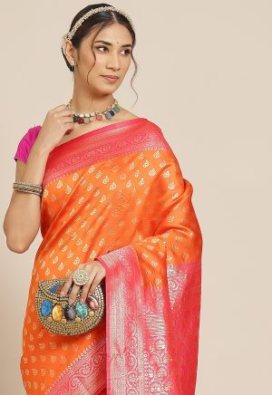 Jacquard Silk Orange Pink Saree