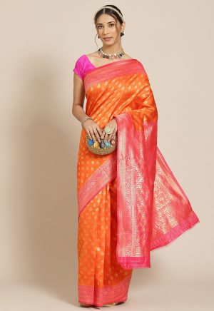 Jacquard Silk Orange Pink Saree