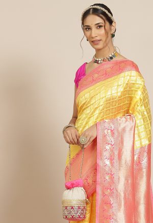 Yellow Pink Woven Saree