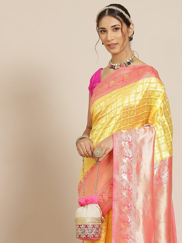 Yellow Pink Woven Saree