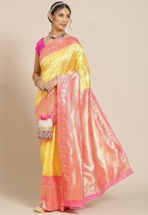 Yellow Pink Woven Saree