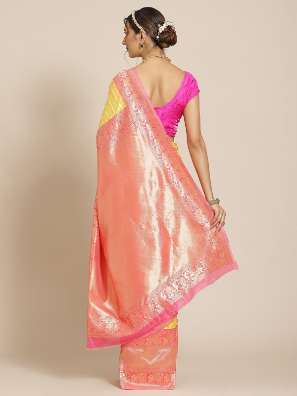 Yellow Pink Woven Saree