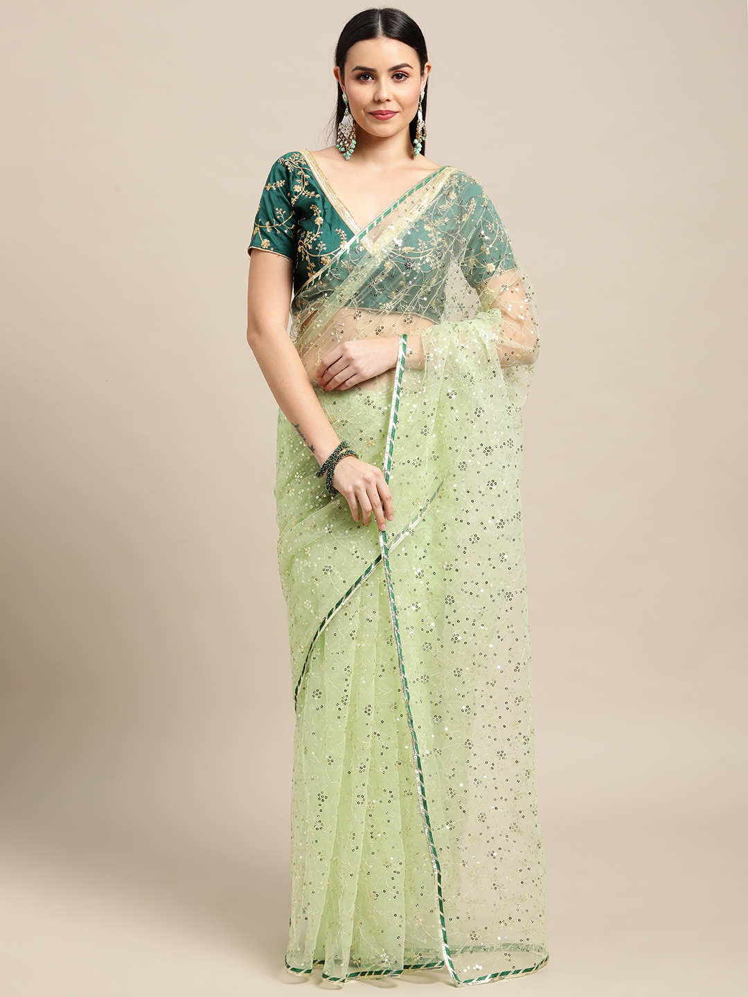 Sequence Worked Green Saree