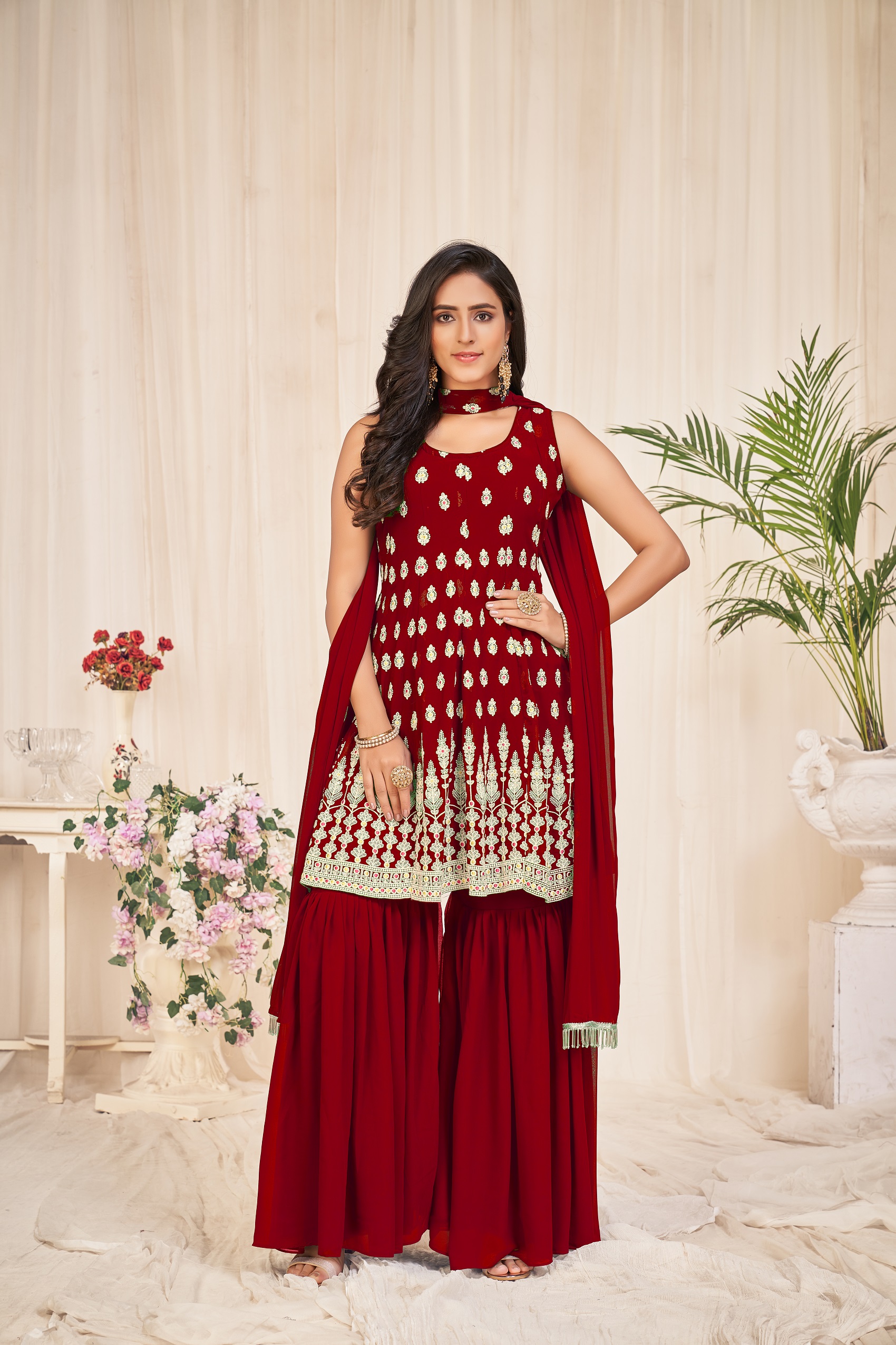 Embroidery Georgette Maroon Sharara