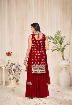 Georgette Maroon Embroidered Sharara