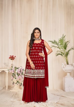 Georgette Maroon Embroidered Sharara