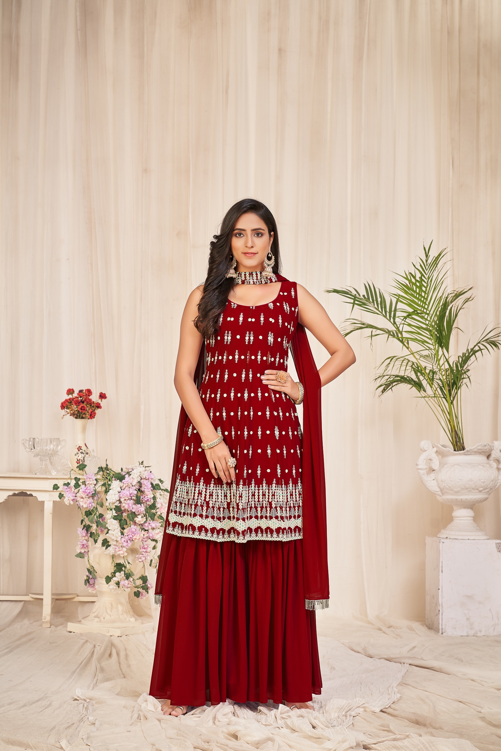 Georgette Maroon Embroidered Sharara