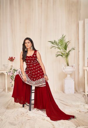 Georgette Maroon Embroidered Sharara