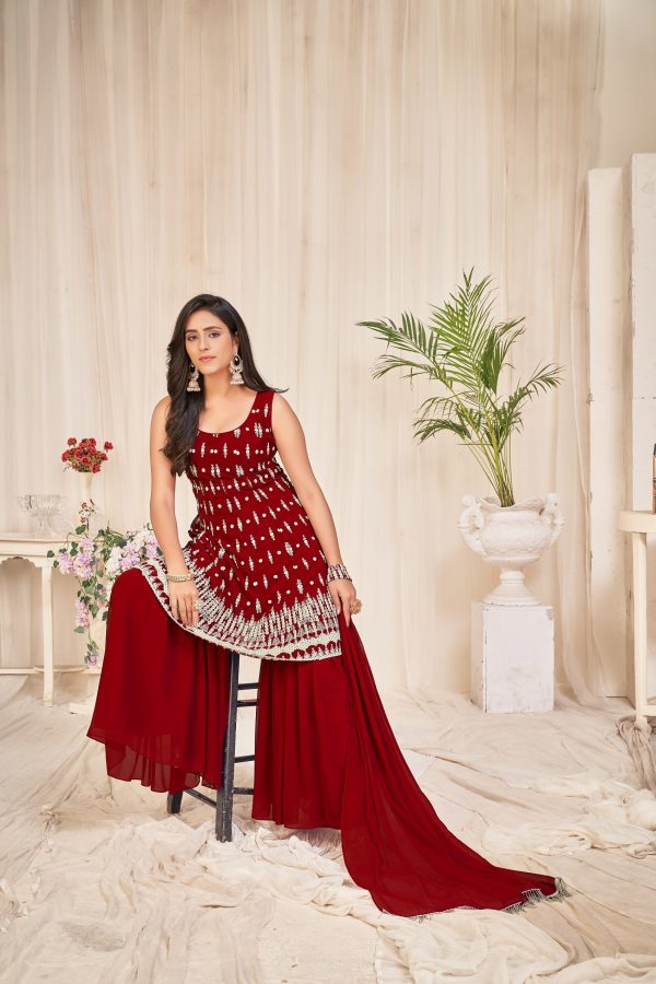 Georgette Maroon Embroidered Sharara