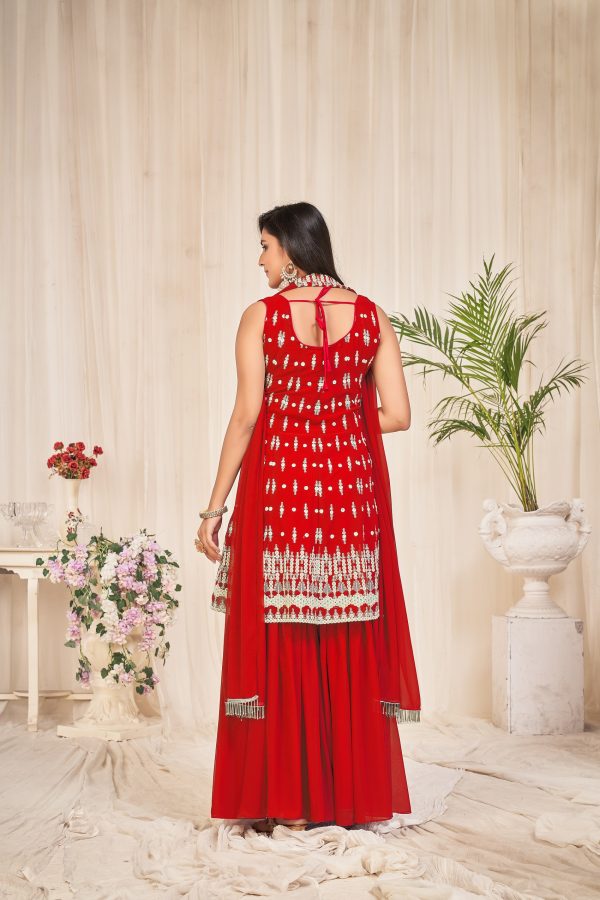 Georgette Red Embroidered Sharara