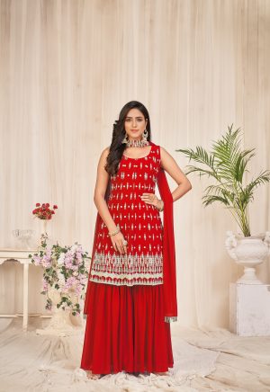 Georgette Red Embroidered Sharara