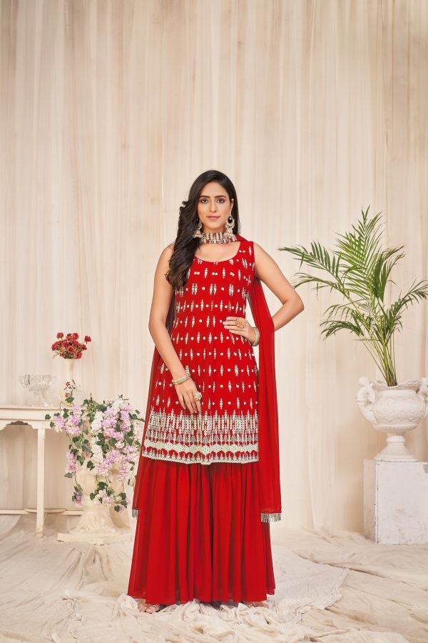 Georgette Red Embroidered Sharara