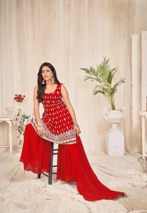 Georgette Red Embroidered Sharara