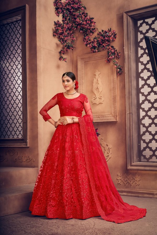 Red Pearl Work Lehenga