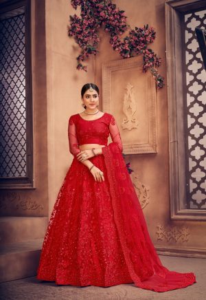 Red Pearl Work Lehenga