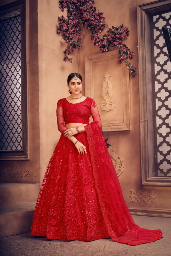 Red Pearl Work Lehenga