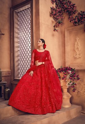 Red Pearl Work Lehenga