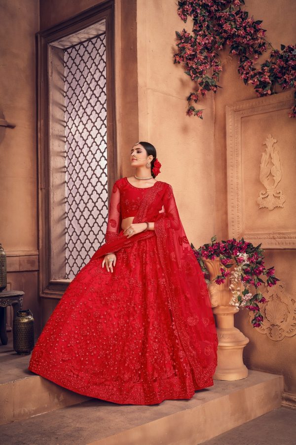 Red Pearl Work Lehenga