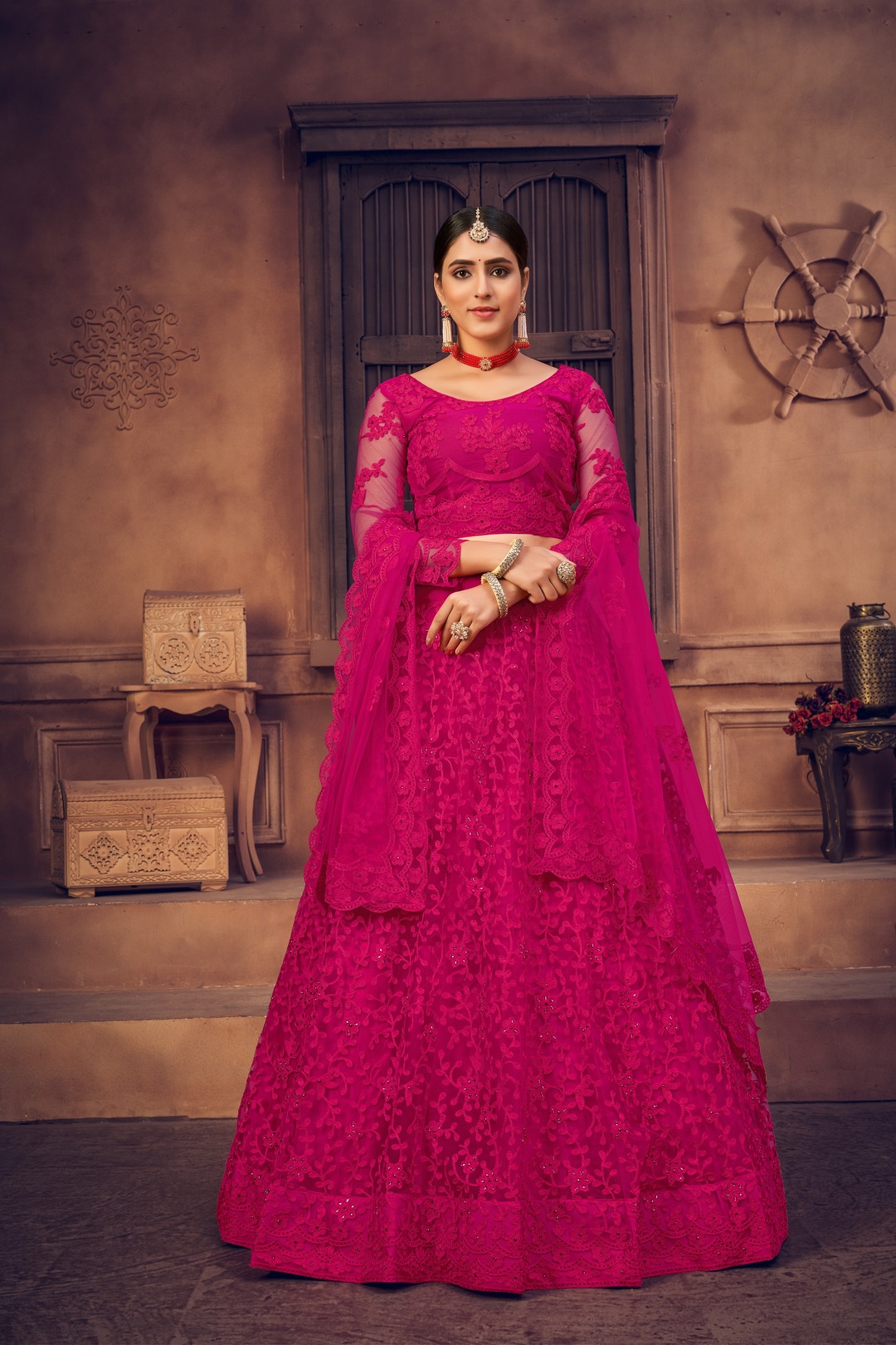 Pink Net Embellished Lehenga