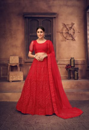 Red Net Designer Lehenga