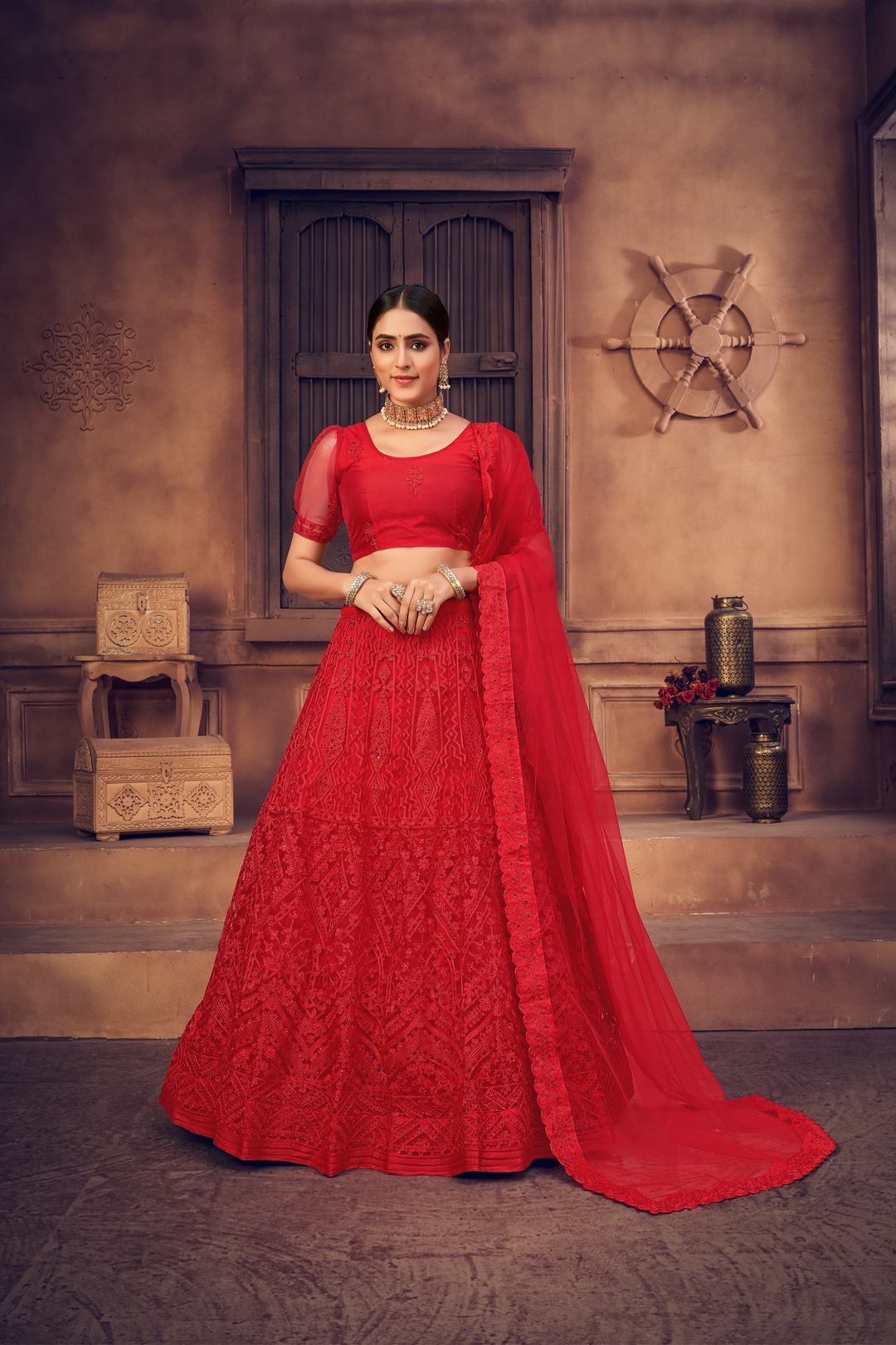 Red Net Designer Lehenga