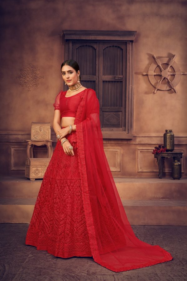 Red Net Designer Lehenga